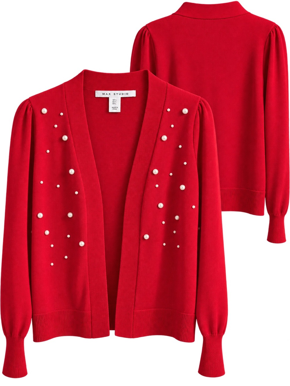 Max Studio Red Pearl-Accent Open Cardigan